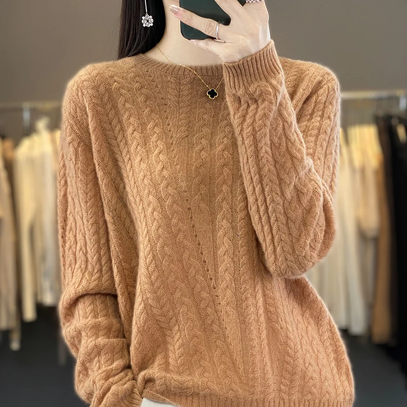 

100% merino wool ladies O-neck sweater autumn and winter new Korean loose slim hollow fashion Joker bottoming shirt