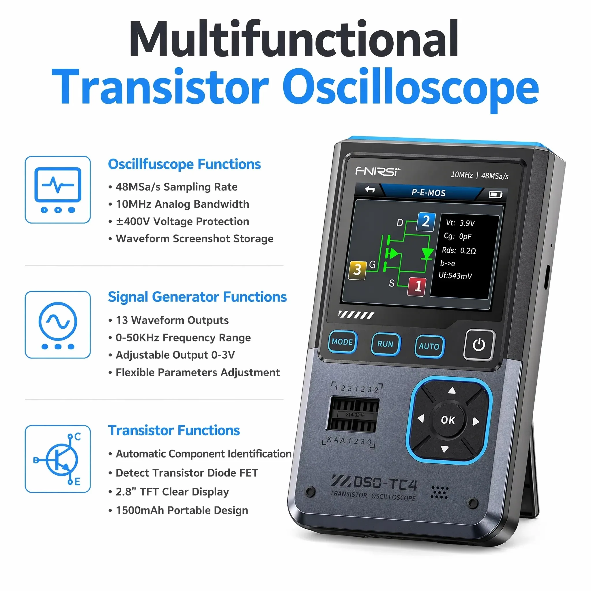 Handheld Oscilloscope Transistor Tester 10MHz 48MSa/s Auto Identification Infrared Decoder DS18B20/DHT11 Zener Diode for Repair
