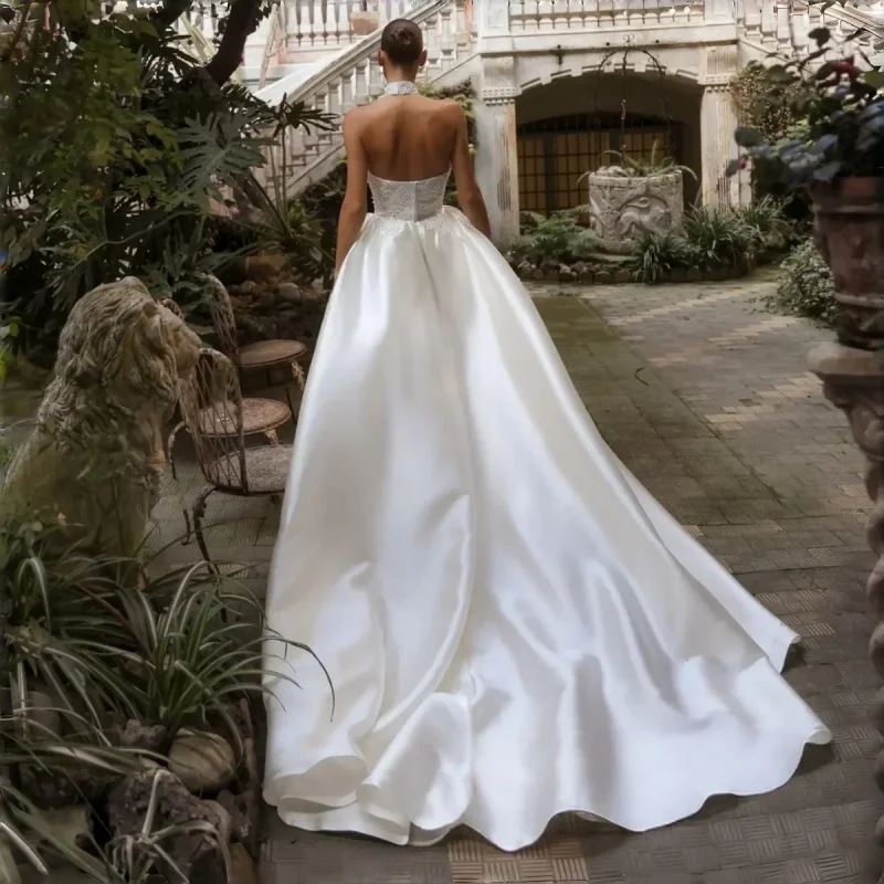 Strapless Satin Lace Wedding Dress Detachable Lace Choker High Slit High-Waist A-Line With Cathedral Train Customizable