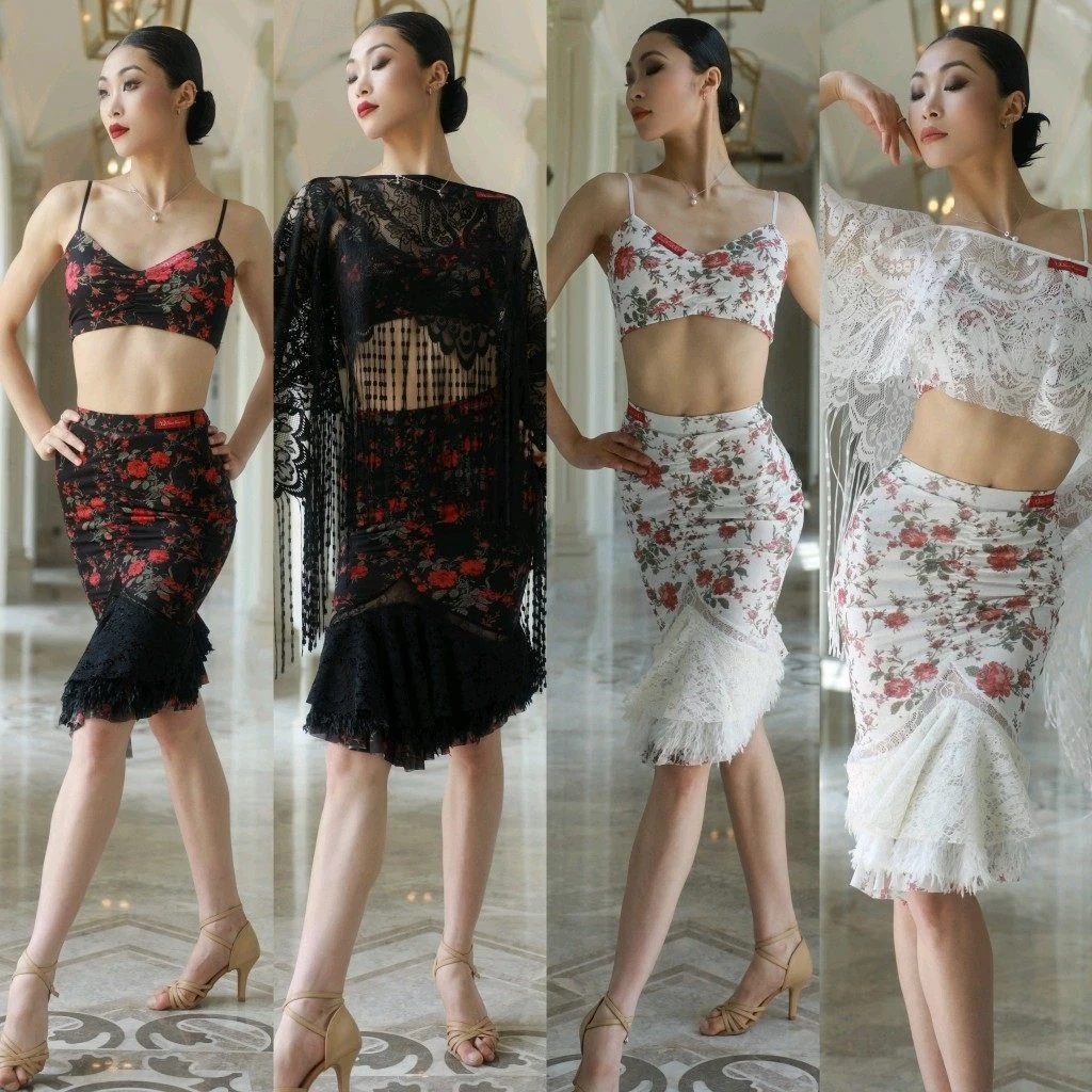 

Fairy Flower Print Latin Dance Clothing Women Lace Tassel Smock Sexy Latin Tops Wrap Hip Skirt Perform Costume Practice Wear
