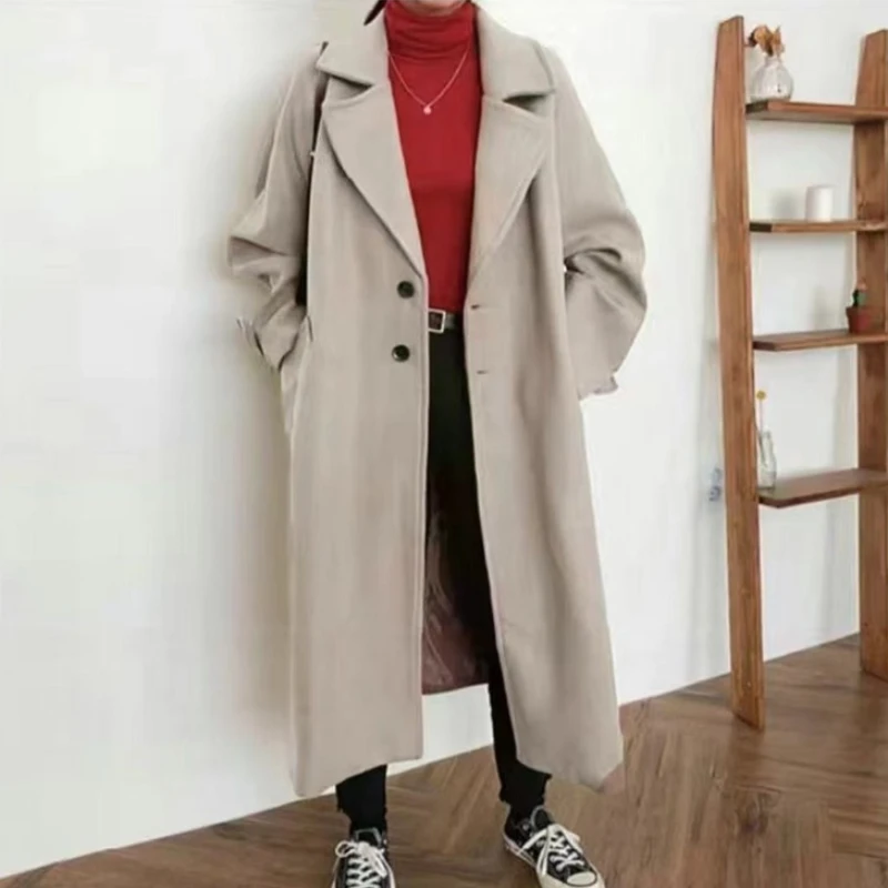 Casual Warm Woolen Coat Oversize 2023 Spring Women Coat Female Long Coat Fashion Korean Preppy Style Retro Versatile Windbreaker