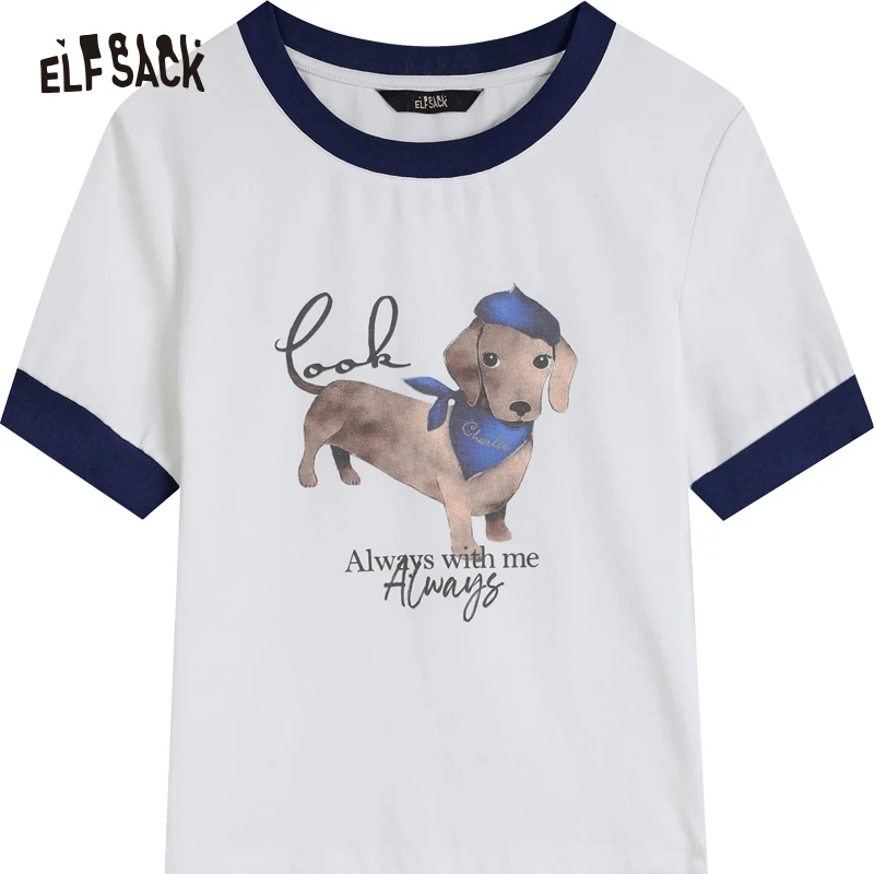 ELFSACK Vintage Printed Cotton T-Shirts Women 2023 Spring Short Sleeve Basic Daily Tops