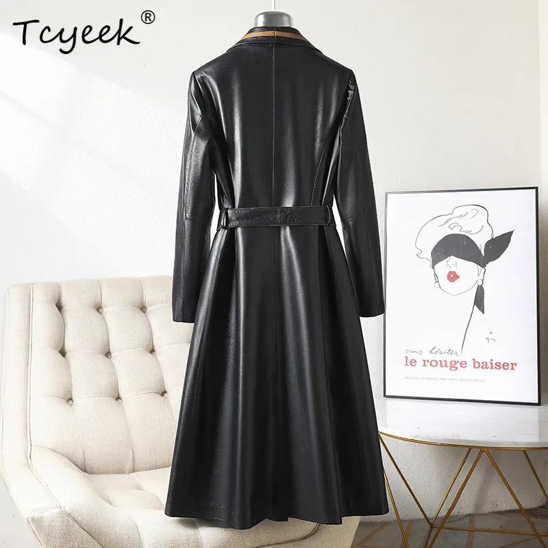Tcyeek Pelle di pecora Primavera Autunno High End Trendy Colletto del vestito Cravatta nera Giacca lunga in vera pelle da donna Жaki Julaiжаusus Куртка