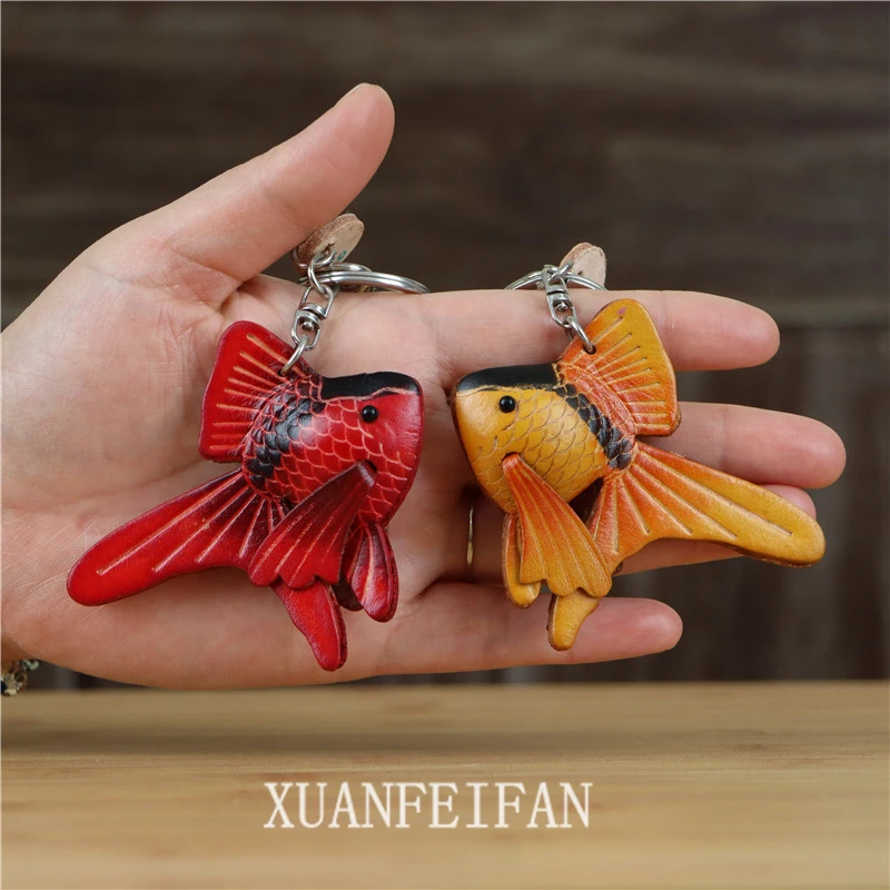 Cowhide Small Red Fish Car Keychain Small Fish Bag Personalized Pendant Accessories Cute Koi Backpack Accessories