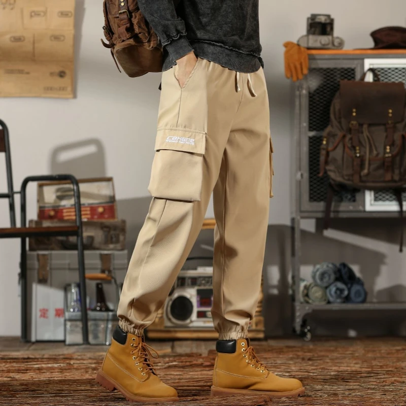 

Мужская одежда, весенне-осенние эластичные карманы с высокой талией и вышитыми буквами, повседневные модные брюки, шаровары, брюки-карго