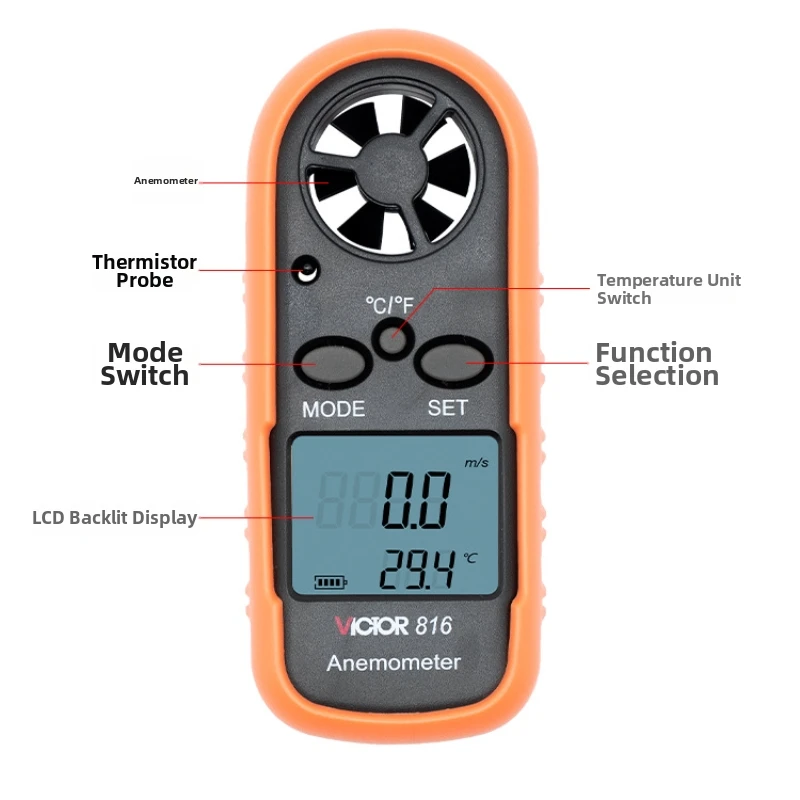 Victory VC816 Anemometer Handheld Small Digital Wind Speed Meter Multi-Purpose Wind Speed and Temperature Measuring Instrument