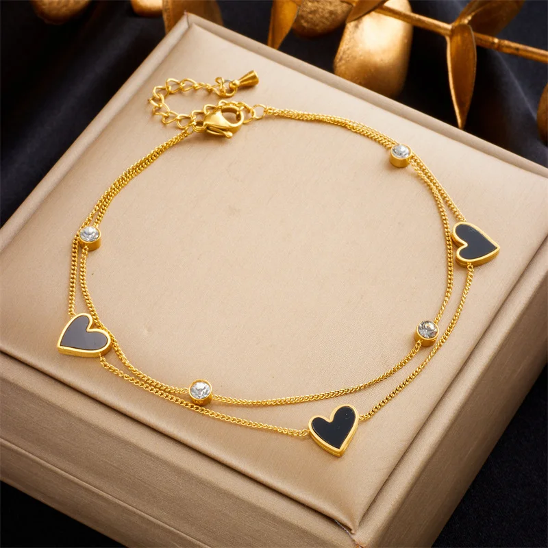 

18K Gold Plated Black Enamel Heart Bracelet, Double Layer Chain with CZ Stones, Minimalist Stainless Steel Jewelry