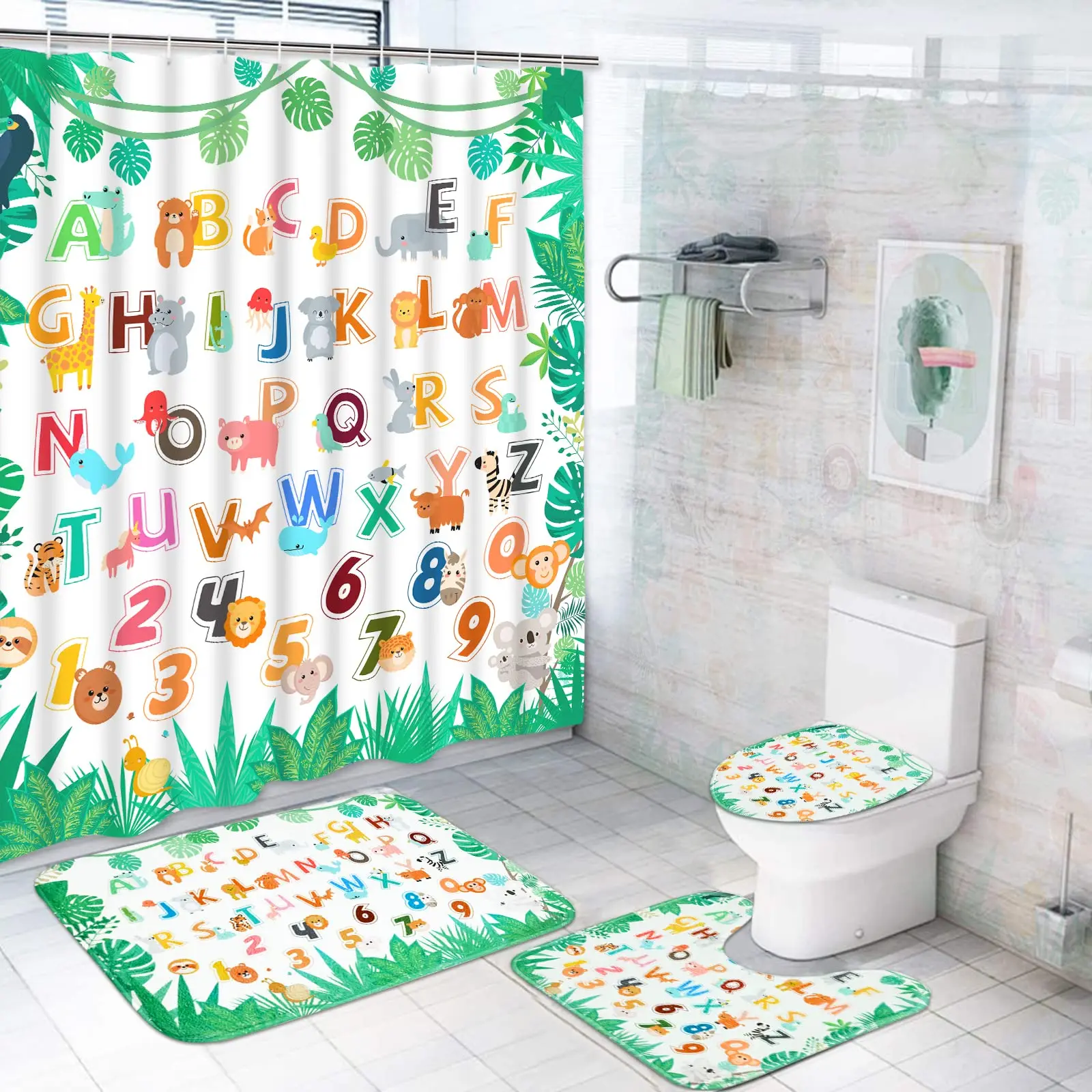 

Cartoon Animals Alphabet Kids Shower Curtain Set Baby Bathroom Decor Rugs Flannel Carpet Bath Mat Non-slip Mats Toilet Cover Set