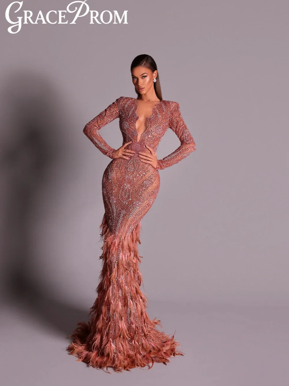 

Attractive Beaded V-neck Evening Dress With Feathers Exquisite Long Sleeved Mermaid Wedding Party Gown Customized Prom Dresses
