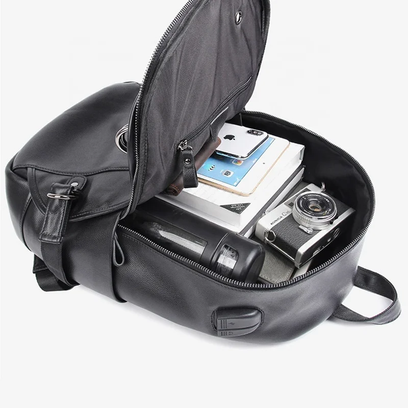 Classical Outdoor Waterproof Rucksack Black Gym Bag Men Genuine Leather Backpack With External USB