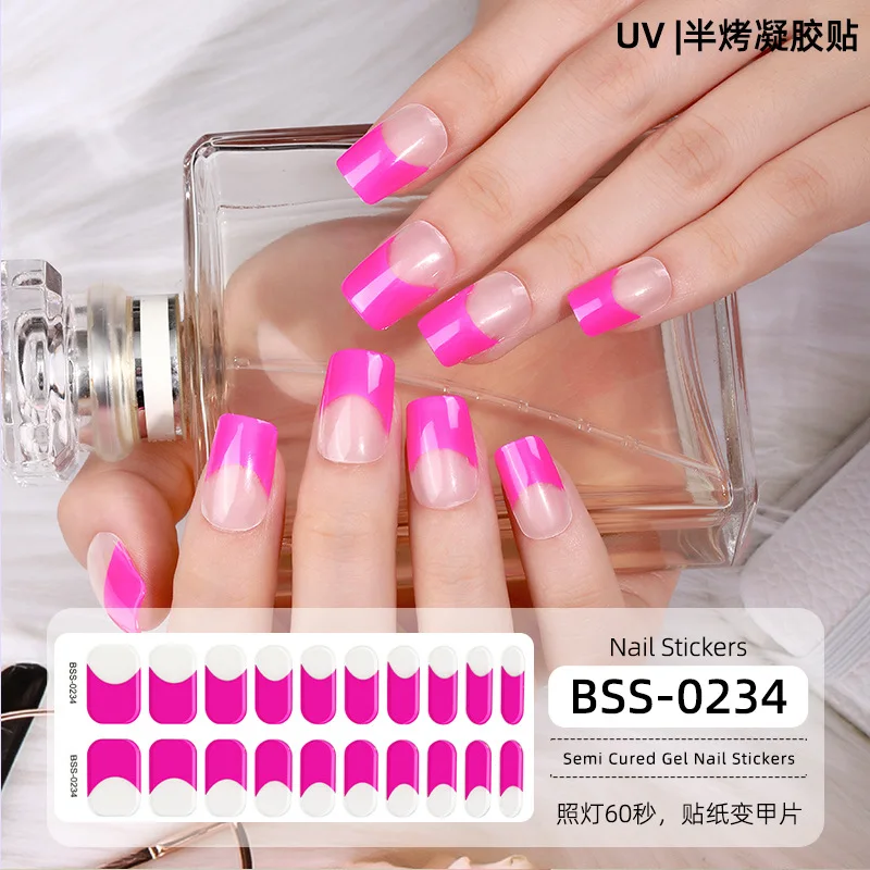 16/20 Tips Semi-Uitgeharde Gel Nagelstickers 3d Franse Nagel Patches Langdurige Volledige Dekking Nagel Decals Uv Lamp Nodig