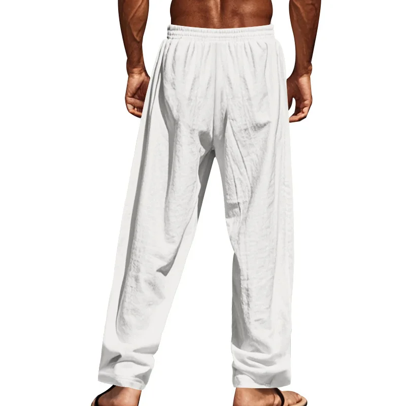 Celana Pantai Musim Panas Pria, Celana Kasual Kancing Serut Longgar Katun dan Linen Warna Polos