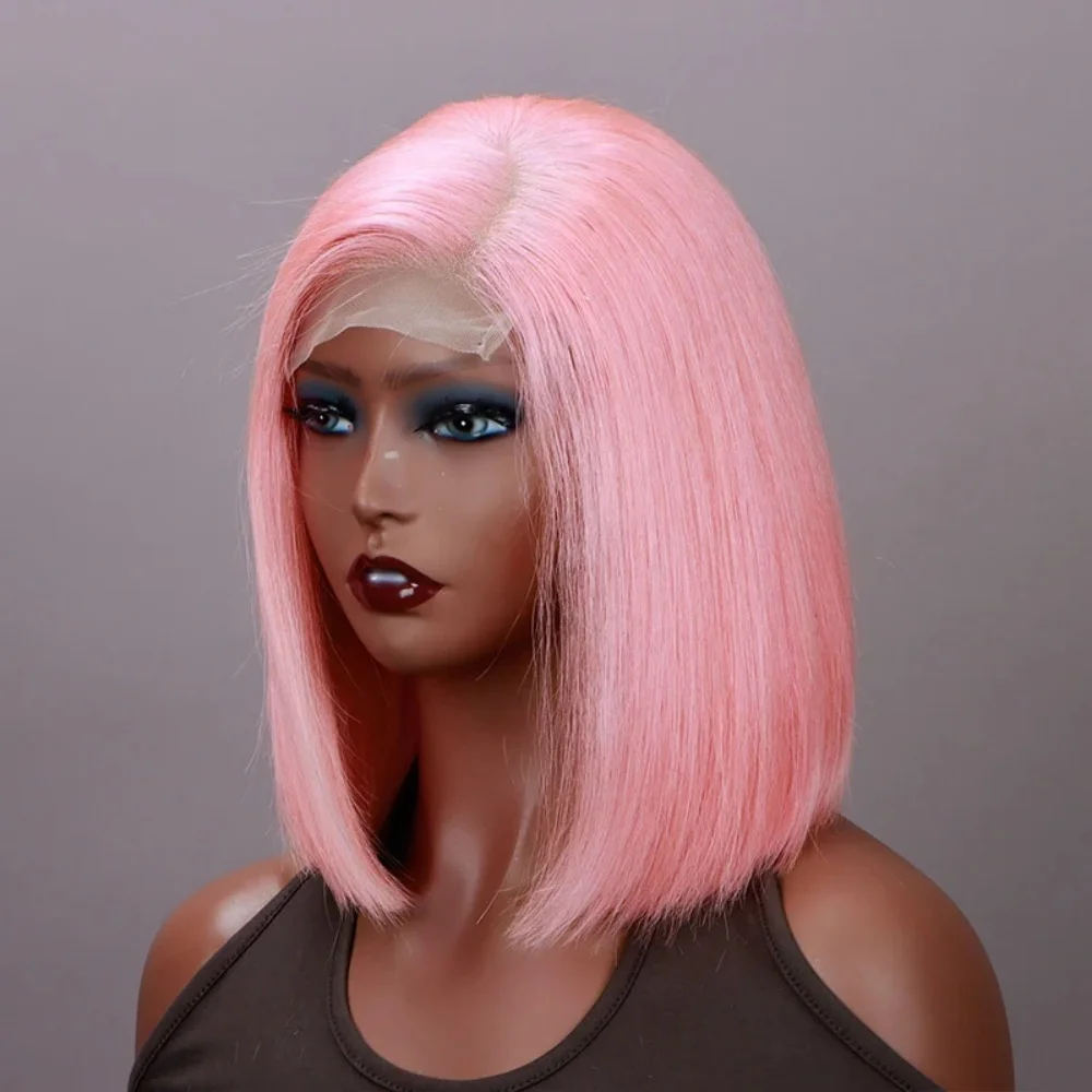 

Розовые человеческие волосы, прямой боб, короткие парики 13x4, кружевной фронтальный парик, предварительно выщипанные для женщин, светло-розовые парики боб, человеческие волосы 220%