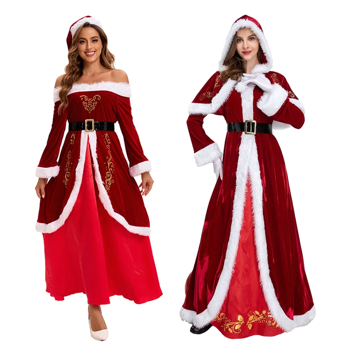 

Christmas Costume Santa Claus Dress Female Feather Cape Shawl Sets Red White Christmas Show Cosplay Plus Size S-5XL New Year