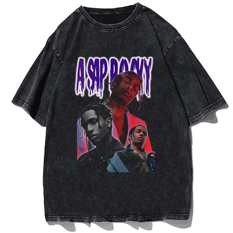 Streetwear Asap Rocky Graphic Print Men Washed T-Shirt Fashion Vintage Punk Hip Hop Short Sleeve T Shirt Summer Cotton Tees wear