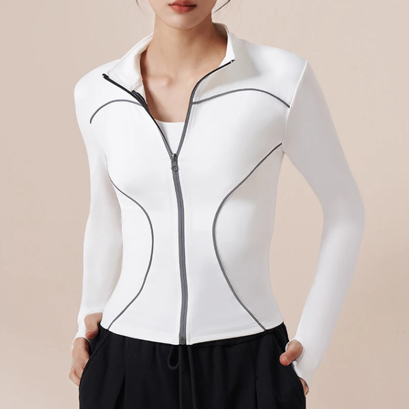 Aiithuug Slim Fit Yoga Jackets Reflective Stripe Safe Night Run Long Sleeve Women Sports Jackets Thumbhole Gym Tops Quick Dry