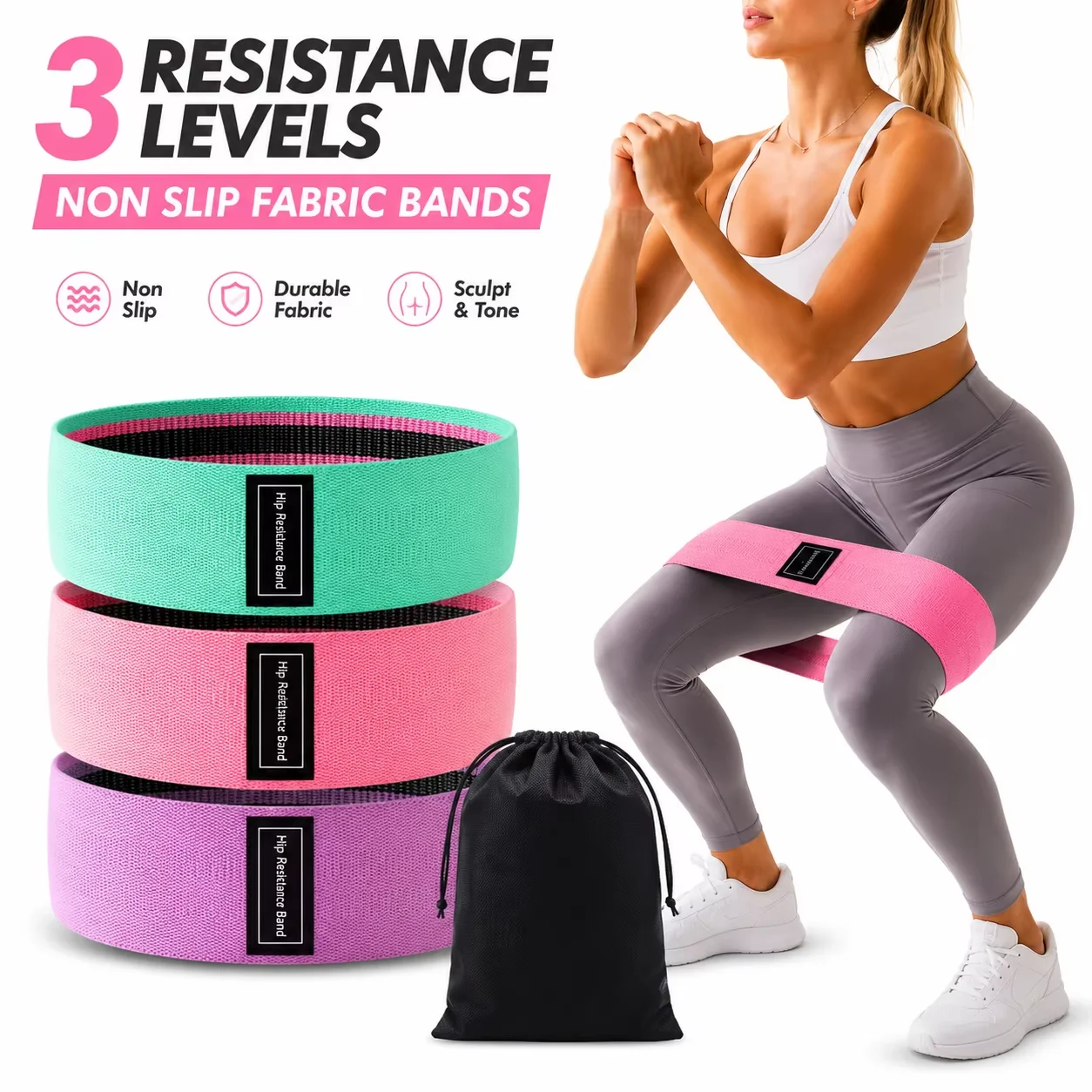 3PCS Women's Fabric Resistance Bands Set Non-Slip Workout Elastic Bands for Glutes And Legs Home Fitness Exercise