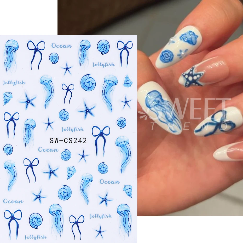 Autocollants pour ongles à fleurs bleues, 3 pièces, ligne française 3D, nœud floral, animaux de l'océan, étoile de mer, bricolage, décoration de manucure élégante pour printemps et été