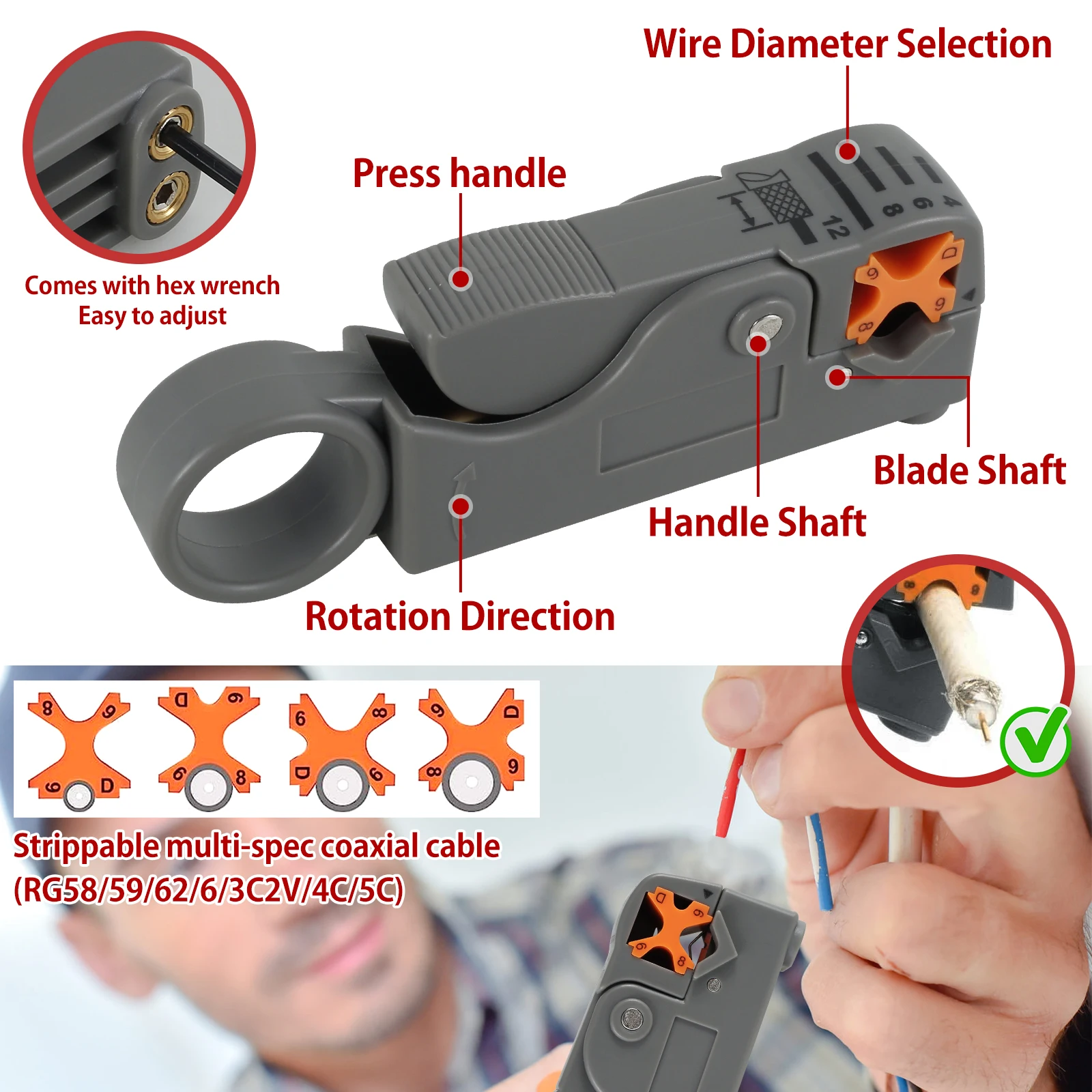 Coaxial Wire Stripper Tool Professional Coaxial Cable Crimper Tool with 5 F Type RG6 Compression Connectors for RG6 Compression