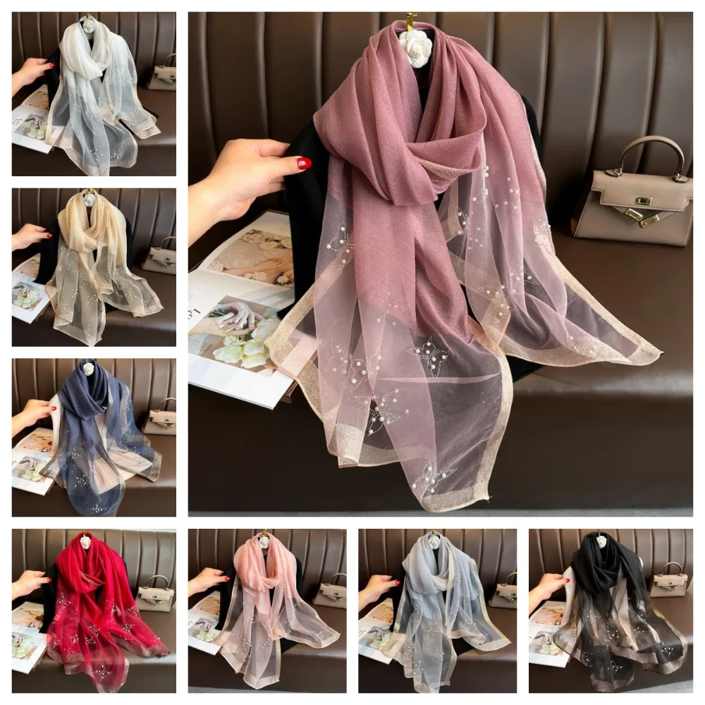 

Elegant Rhinestone Luxury Silk Scarf Soft Pearl Butterfly Hijab Shawls Thin Large Shiny Lace Scarf Headkerchief
