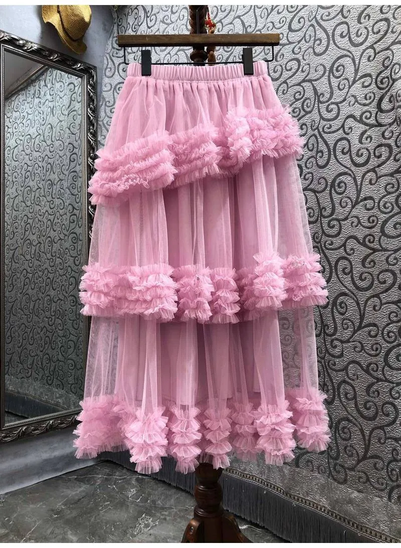 Women's Cascading Ruffles Mesh Ball Gown, Elastic Waist, Casual Party Long Skirt, Solid Color, New Fashion, Summer, 2023