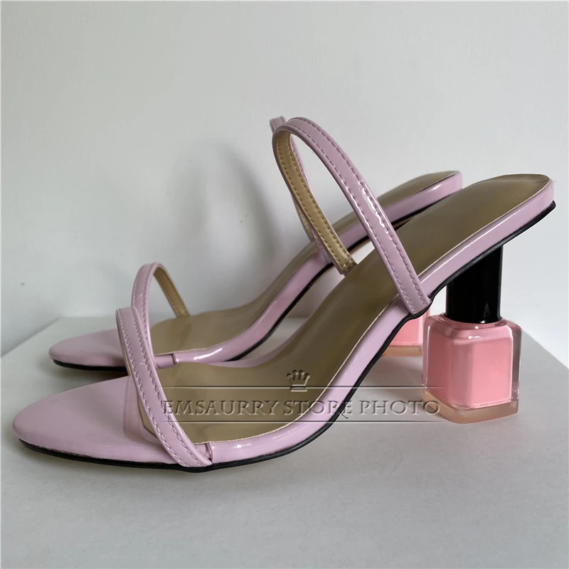 Luxury Patent Leather Narrow Band Slip-on Mules Summer Sexy Slingbacks Open Toe Novelty Nail-Polish Heel Sandals Women