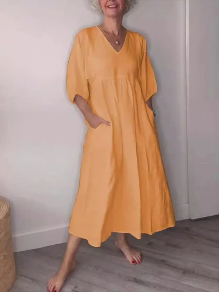 Casual Solid Simple Pleated Cotton Linen Dress Women Summer Trendy V Neck Pocket Long Dresses Autumn 3/4 Sleeve Loose Vestidos