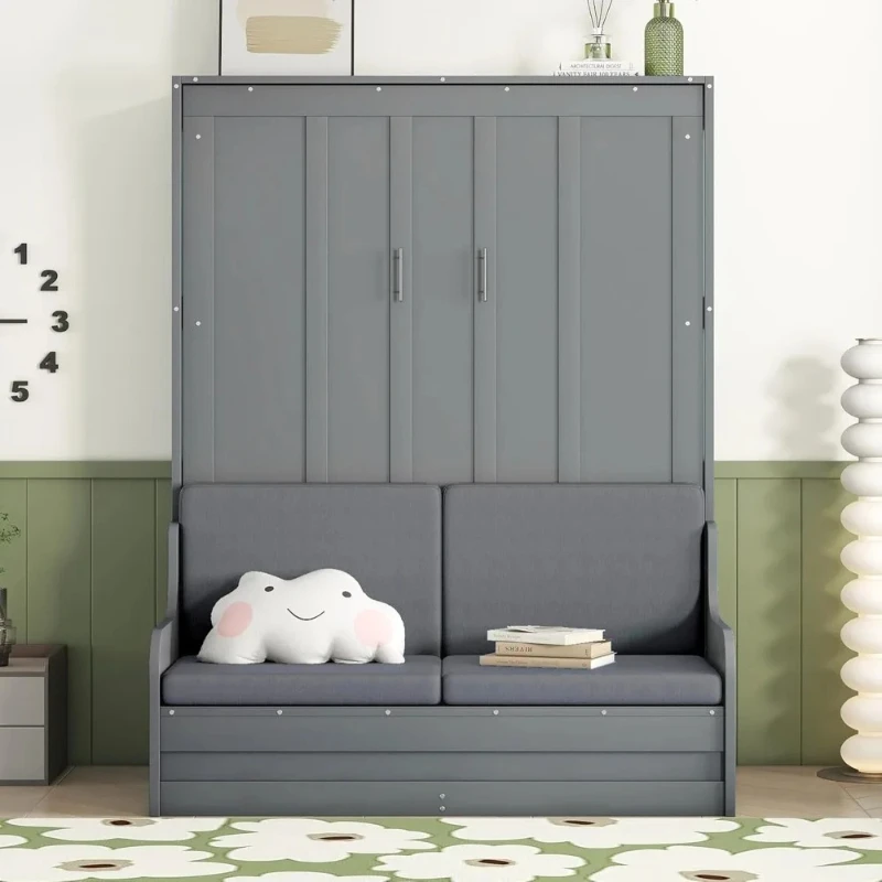 Wall Bed with Sofa and Cushion, Grey