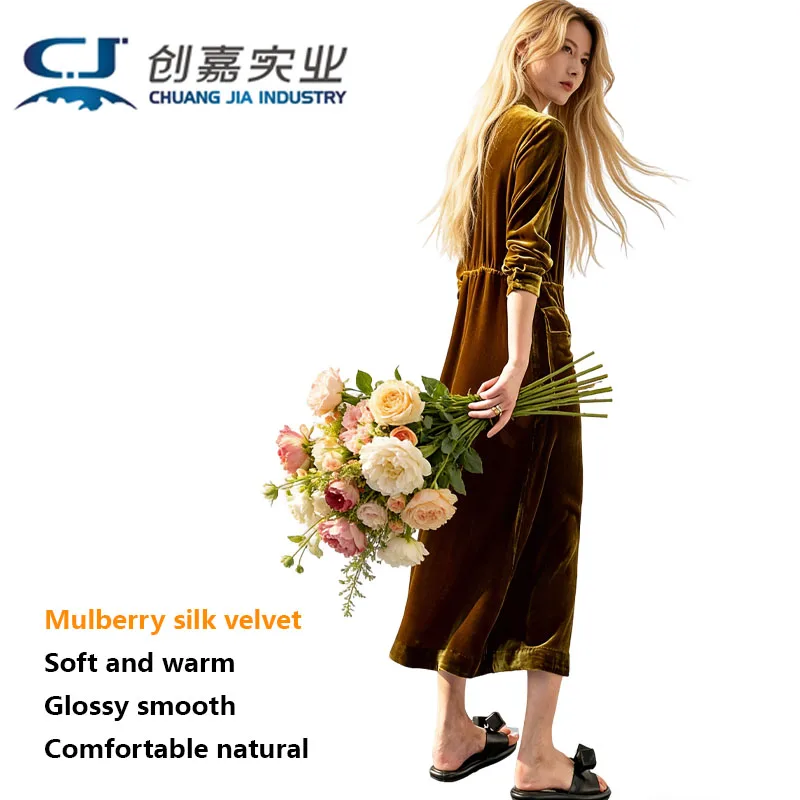 Silk Velvet ，Women's Dress ，Shirt Style Lace-up， Long Skirt ，Youth Fashion Street Dress， Soft Comfortable and Smooth