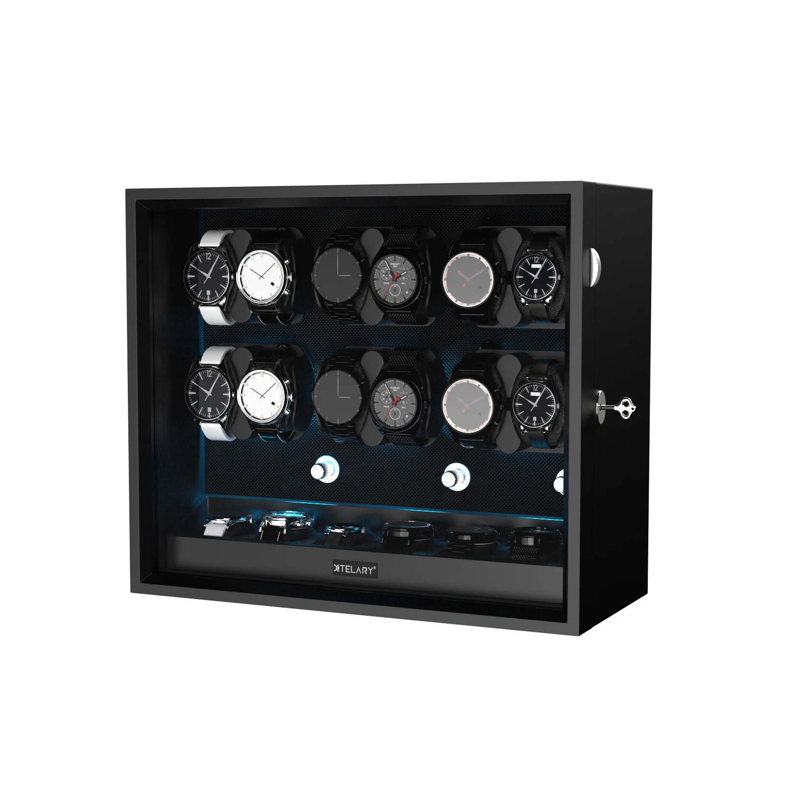 

Watch Winder For 12 Automatic Watches with 6 Extra Cabinet Storage Blue LED Light Display Boxes