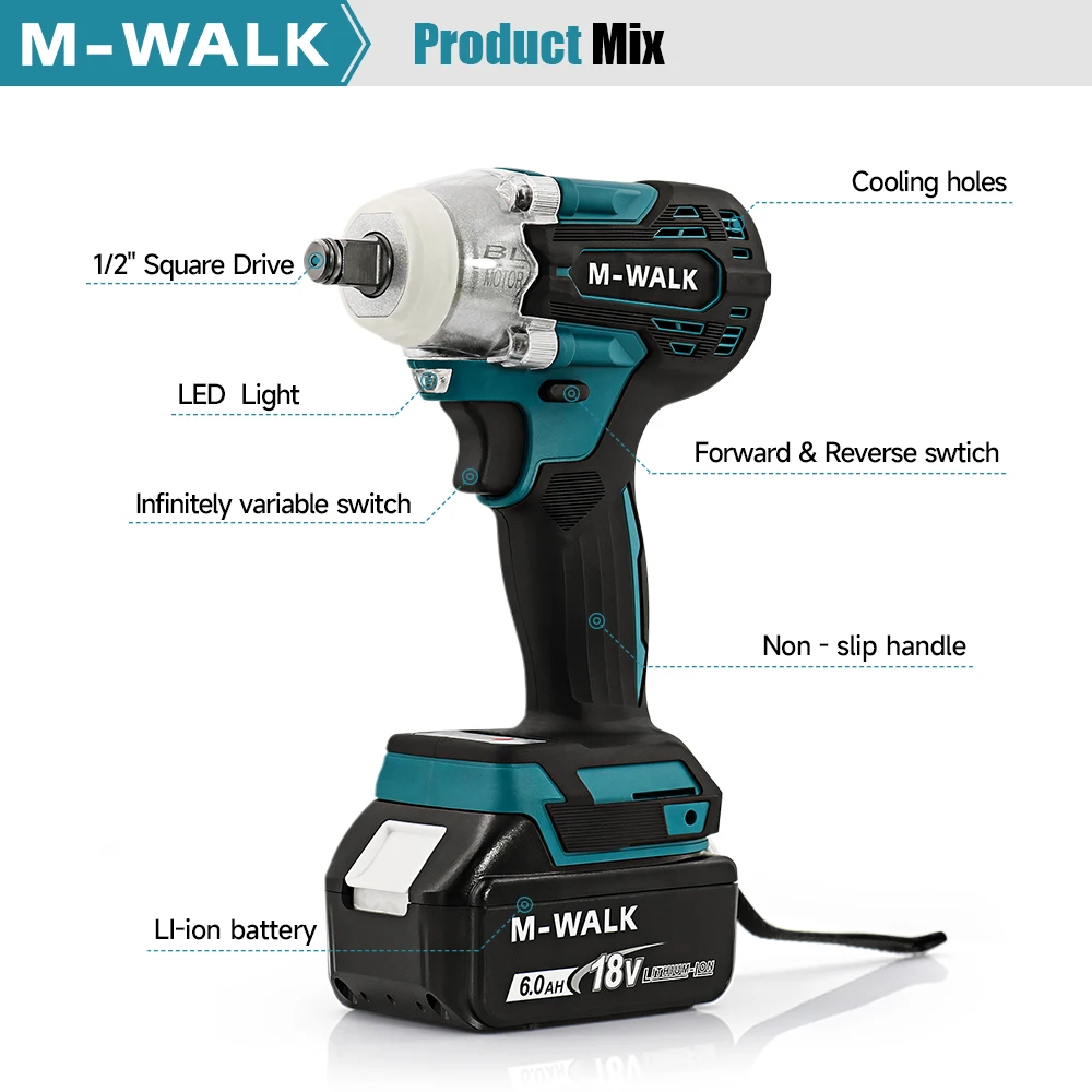 مفتاح ربط كهربائي بدون فرش مفك براغي 1/2 بوصة عزم دوران 330N.m أدوات كهربائية قابلة لإعادة الشحن لدبوس بطارية ماكيتا 18 فولت #6