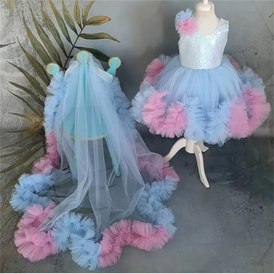 Blue  Angel Flower Girl Dresses Tulle Sequin Bow Tailing Sleeveless For Wedding Kids Birthday Gift Party First Communion