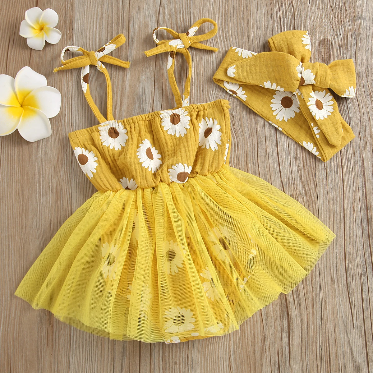 2PC summer baby girl full print yellow small chrysanthemum halter mesh halter dress plus headband