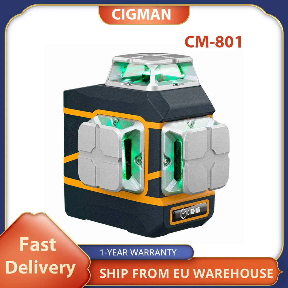 CIGMAN CM-801 3x360° Self Leveling Laser Level, 3D Green Cross Line, IP54, with Dual Rechargeable Batteries, Remote Controller