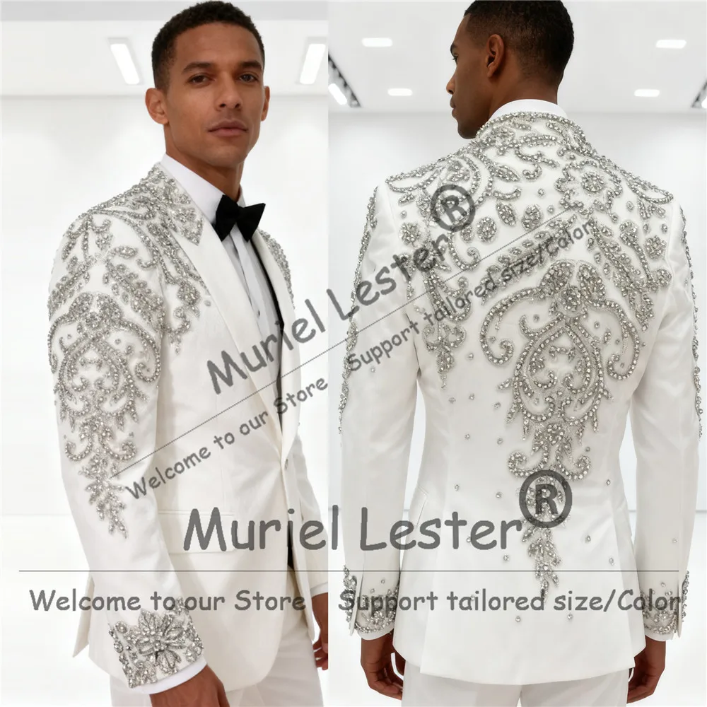 

Свадебные костюмы с серебряными камнями и бисером для мужчин, комплекты из 3 предметов, однобортные пиджаки для выпускного вечера, мужские деловые смокинги по индивидуальному заказу, наряды