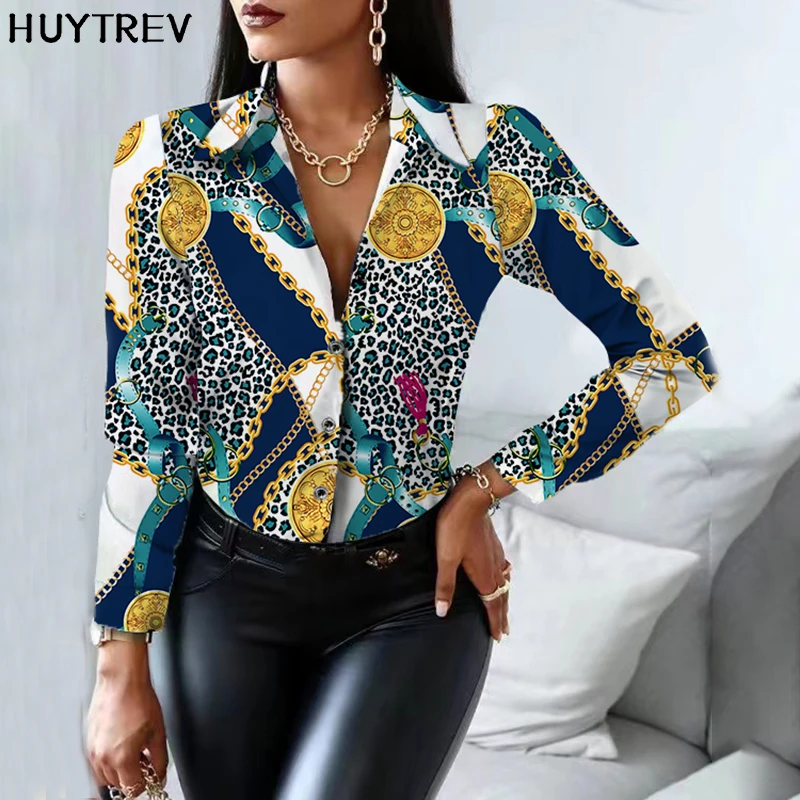 Printed Shirt Women 2022 autumn Elegant Office Ladies Blouse Clothes Fashion Lapel Long Sleeve Buttons Casual Tops For Woman