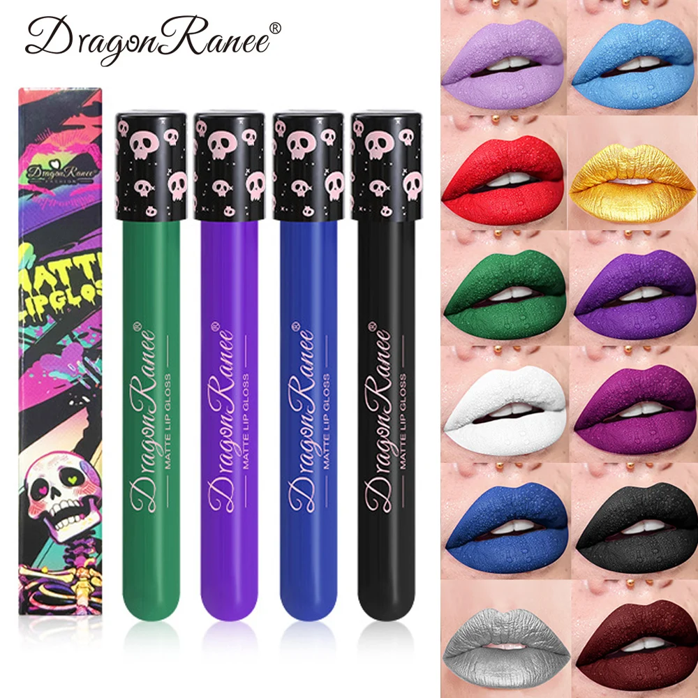 12 colores brillo de labios de Halloween maquillaje negro verde púrpura lápiz labial tinte navideño hidratante impermeable mate lápiz labial pigmento de labios