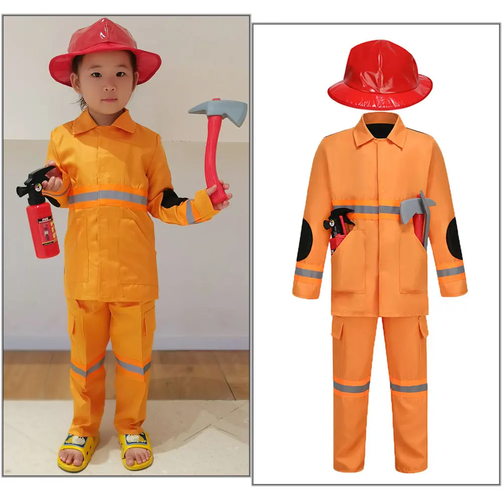 

Carnival Christmas Career Theme Kids Fireman Costume Halloween Cosplay Party Occupational Firefighter Outfit Costumes for Boys