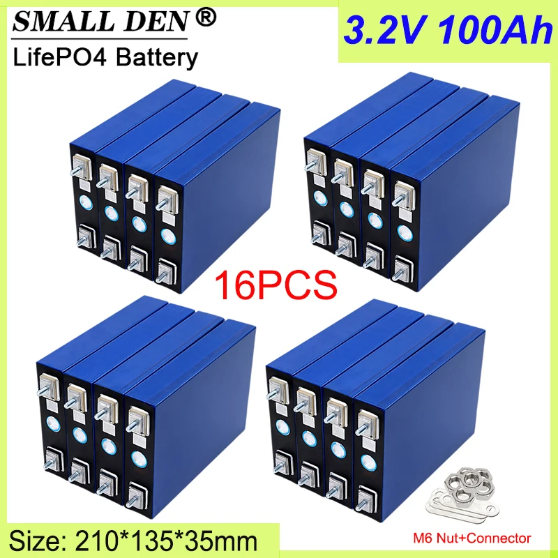 

16PCS 3.2V 100Ah LiFePO4 Battery Grade A 2C Discharge 100000mAh Large Capacity DIY 12V 24V Solar Storage RV Outdoor Power Supply