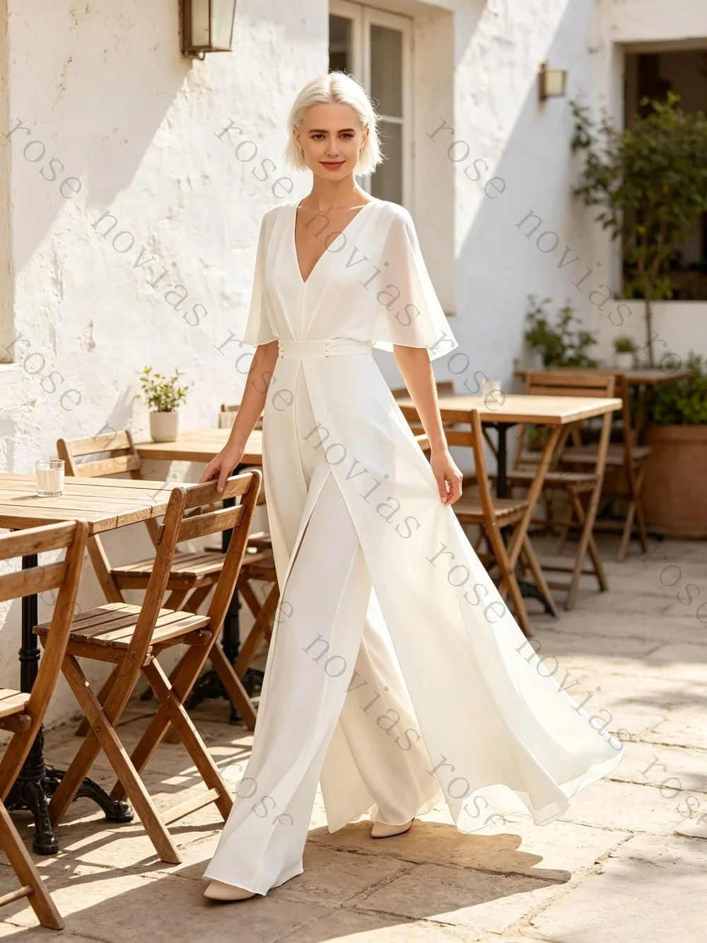 Customized 2026 V Neck Chiffon Jumpsuit Wedding Dress Wide Leg Pants with Detachable Train Boho Bridal Gown Beach Ceremony