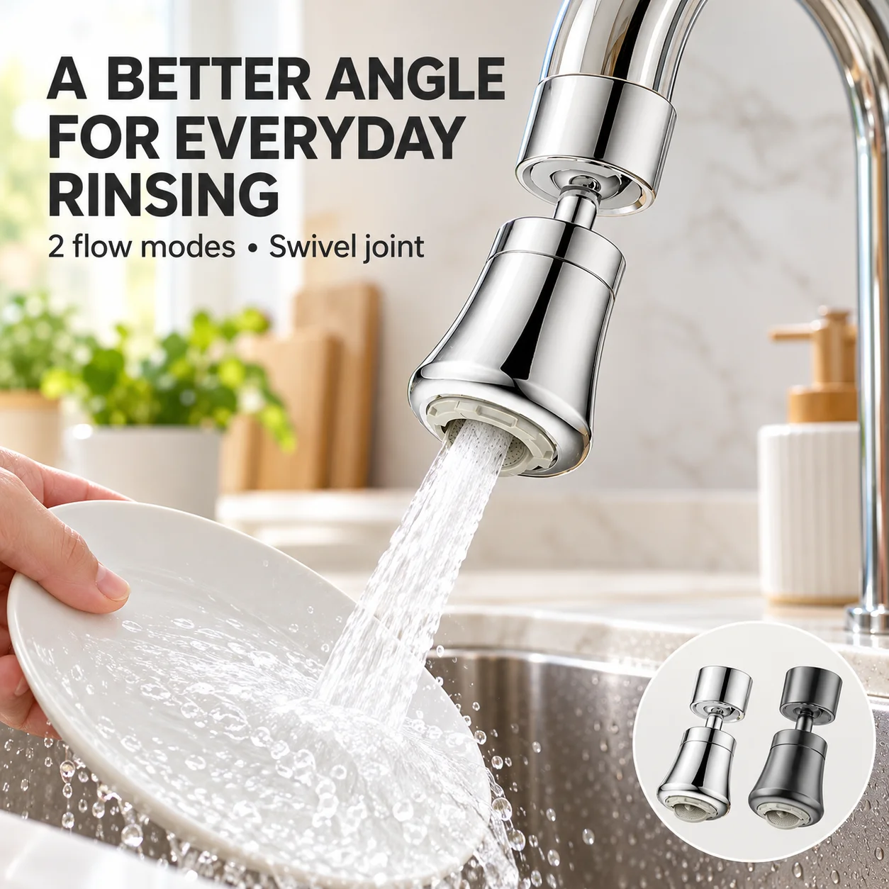 360° Swivel Faucet Aerator, 2 Flow Modes, Removable Flip Insert, Kitchen Sink Tap Attachment, Chrome or Gun Gray