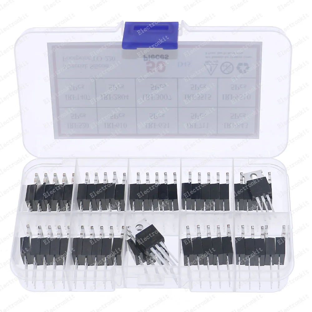 50Pcs 10Values TO-220 Mosfet Transistor Kit Box IRF520 IRF610 IRF631 IRF711 IRF843 IRF1470 IRF2804 IRF3007 IRF3515 IRF9510