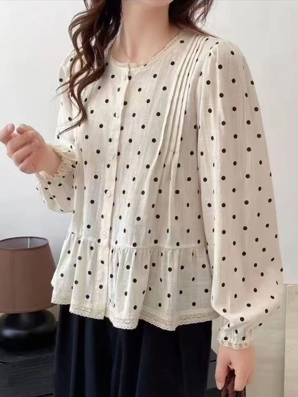 Lente 2026 Grote maat dames irt gingham kant patchwork polka dot lantaarn Sve Doll irt accordeon plooi casual katoen...