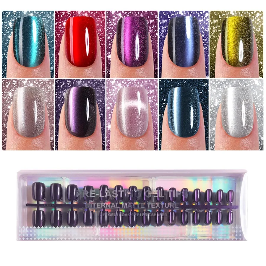 

300Pcs Cat Eye Press on Nails Short Square Soft Gel Fake Nails with Glossy Glitter Design for Women and Girls Convenient Stick
