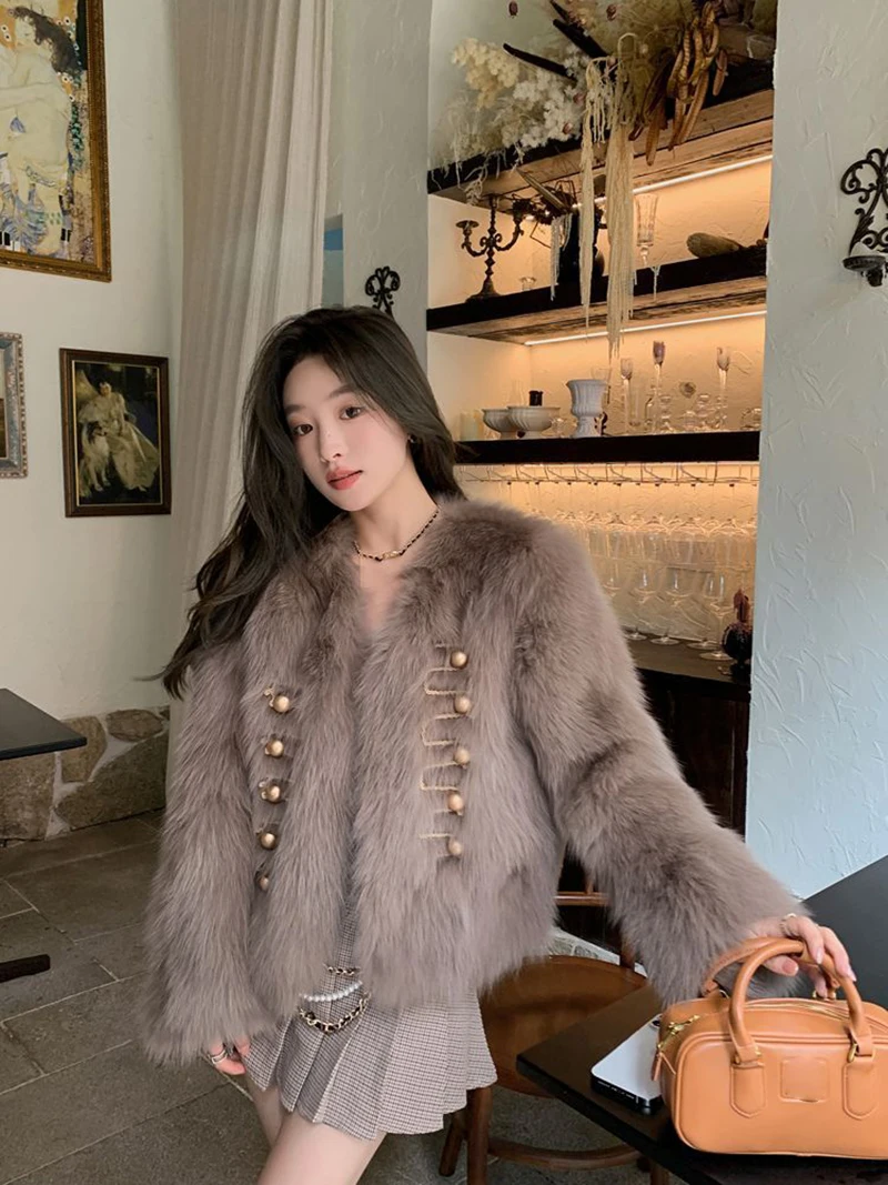 Chic White Women Faux Fur Jacket Pearl Button Coat Collarless Long Sleeve Cropped Loose Luxury Cozy Winter Outerwear Top