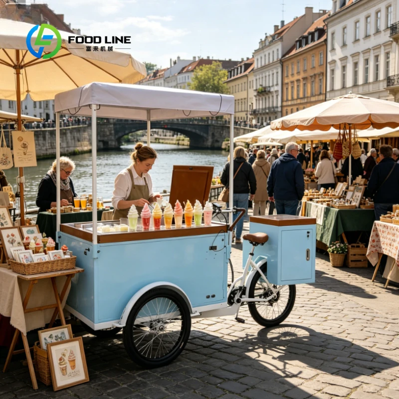Outdoor Catering Event Electric Powered Pedal Ice Cream Bike Cart with Storage Cabinet Design Customized
