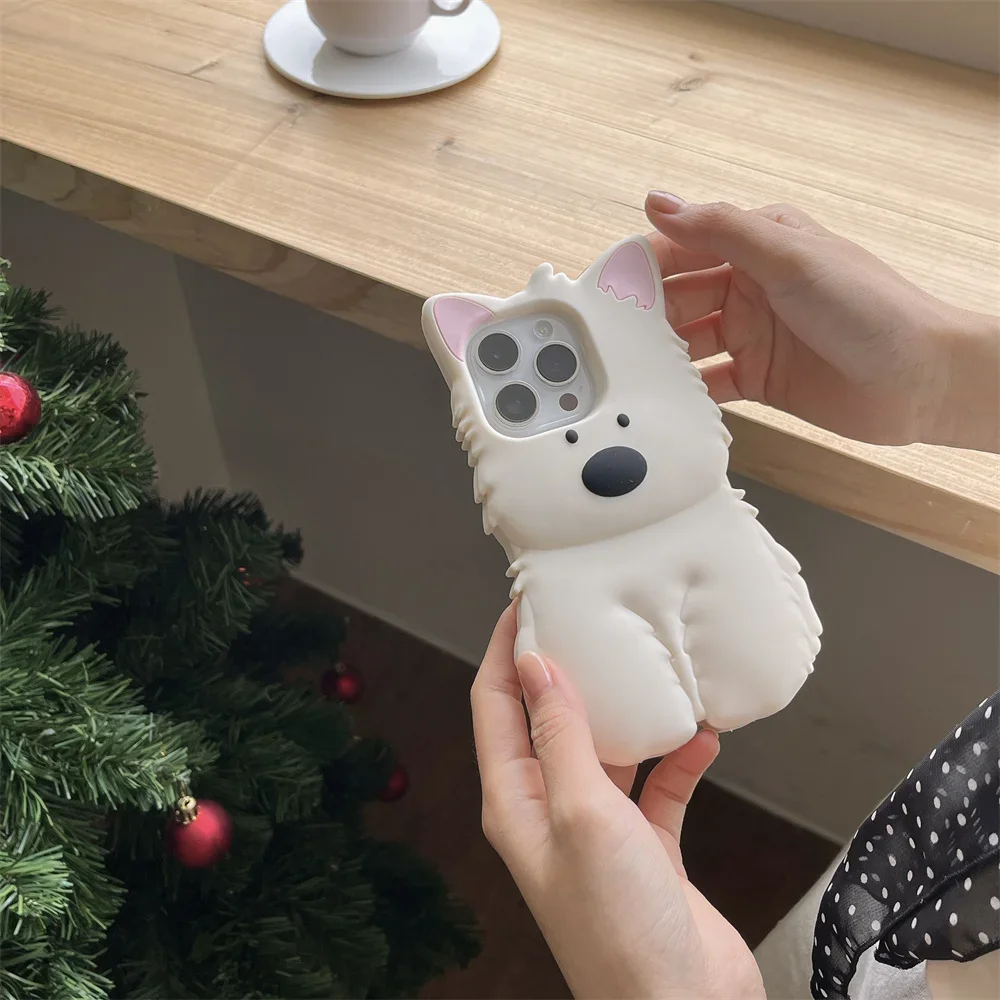 Korean Cute 3D West Highland White Terrier silicone phone case for iPhone 16  13 14 15Pro Max Fun cartoon protection soft cover