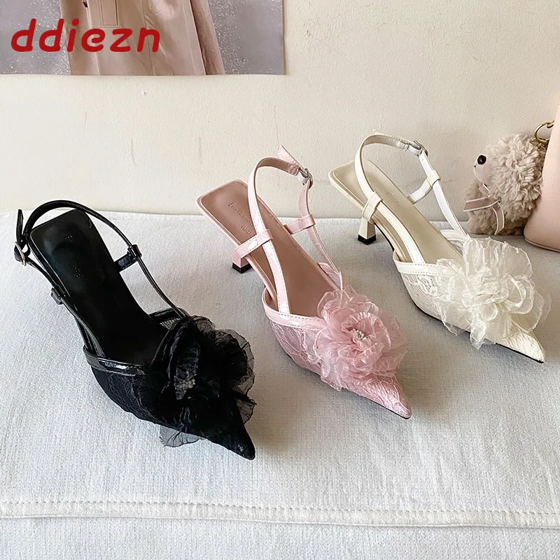 

Pink Fashion Flower Women Pumps Heels Sandal Shoes Elegant Female Slingbacks Pointed Toe Party Dress Ladies High Heels Shoes
