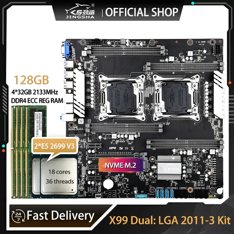 X99 Dual Motherboard Set with 2*E5 2699 V3 and 4*32GB=128GB DDR4 ECC REG 2133mhz RAM Support Intel LGA 2011-3 V3 /V4 CPU Kit