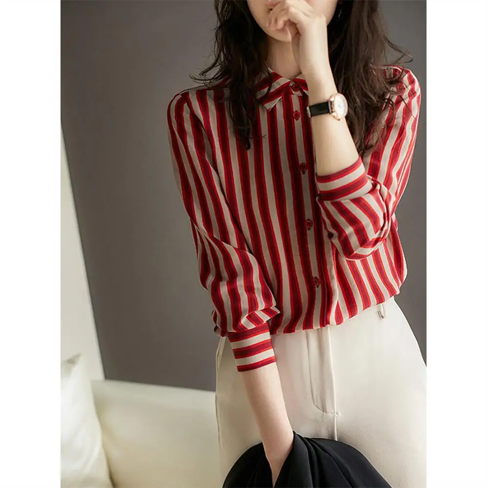 Casual Temperament Stylish Shirt for Women Spring Autumn New High-end Design Long Sleeved Polo-neck Red Striped Trendy Top